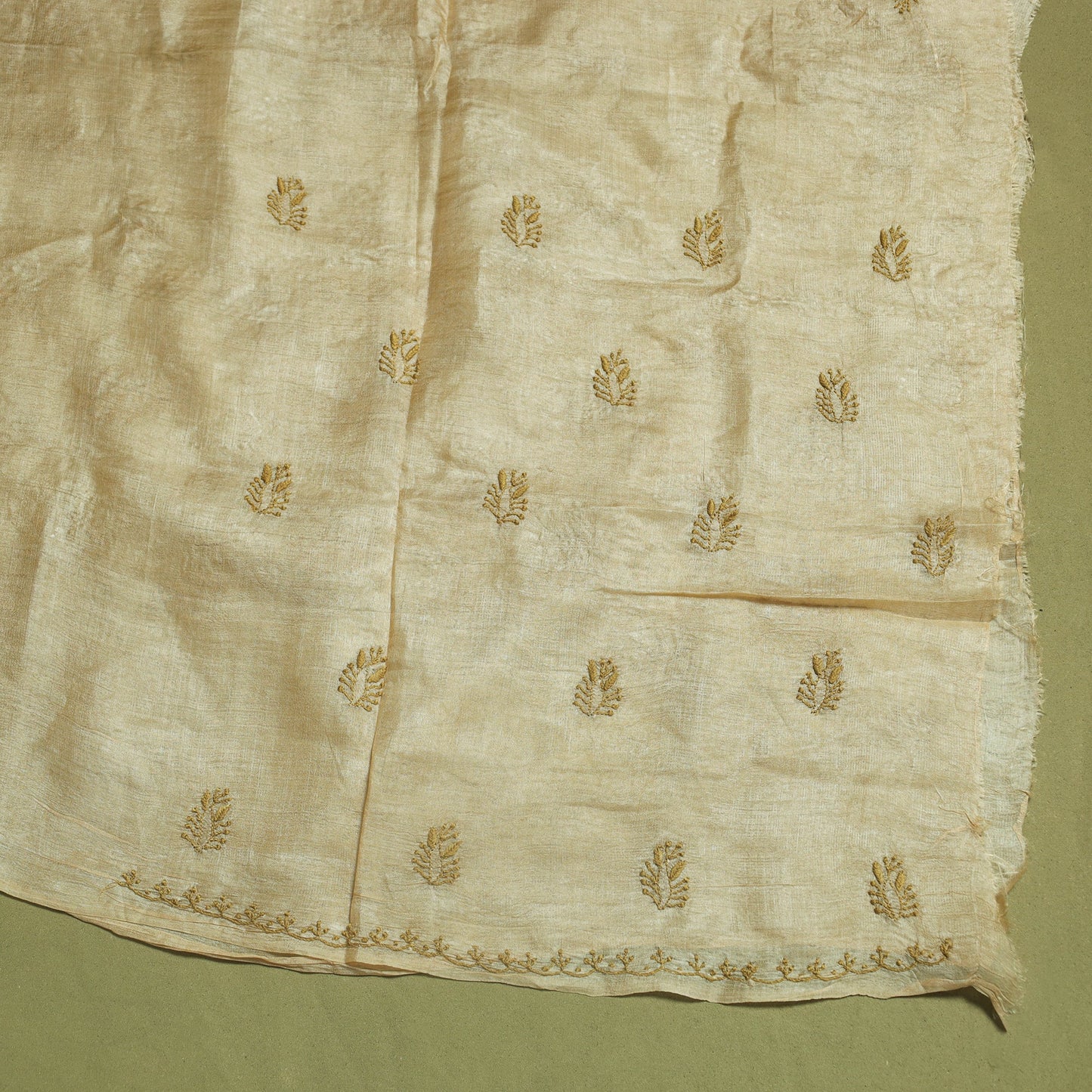 Beige Hand Embroidery Tussar Silk Chikankari Kurta Material