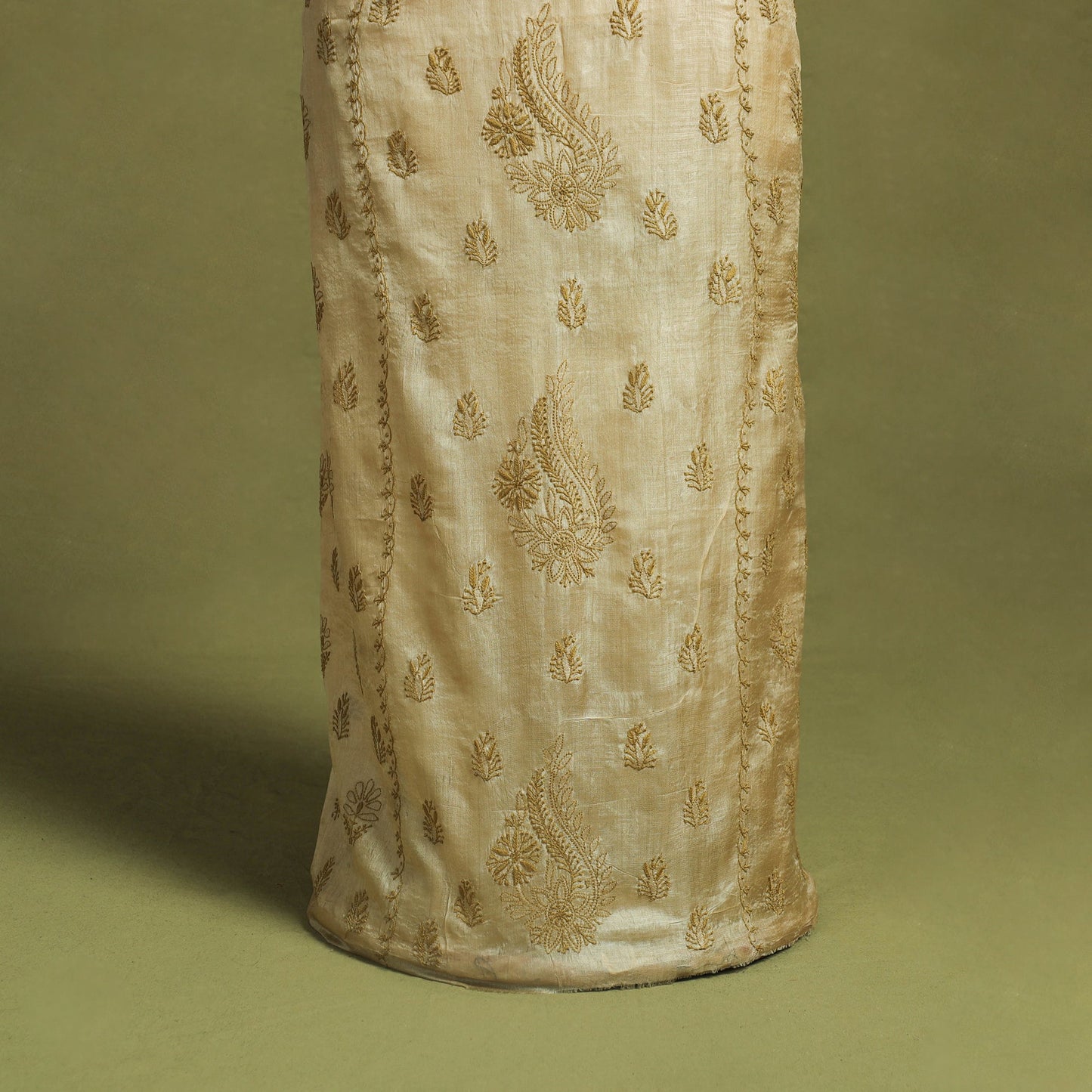 Beige Hand Embroidery Tussar Silk Chikankari Kurta Material