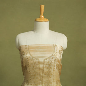 Beige Hand Embroidery Tussar Silk Chikankari Kurta Material