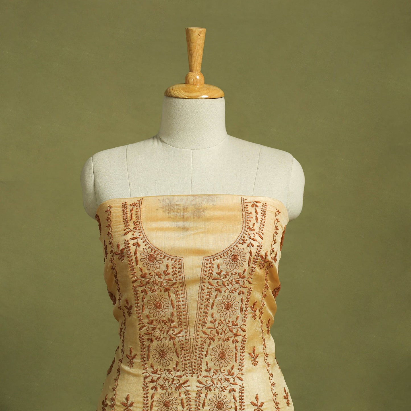 Beige Hand Embroidery Tussar Silk Chikankari Kurta Material