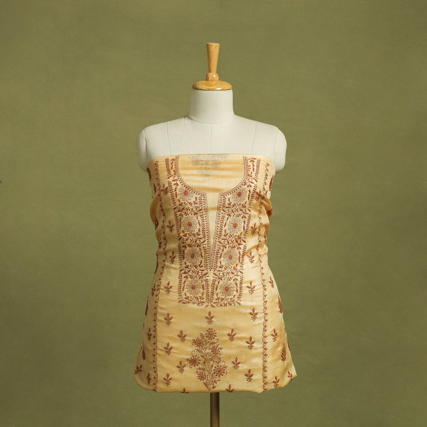 Beige Hand Embroidery Tussar Silk Chikankari Kurta Material