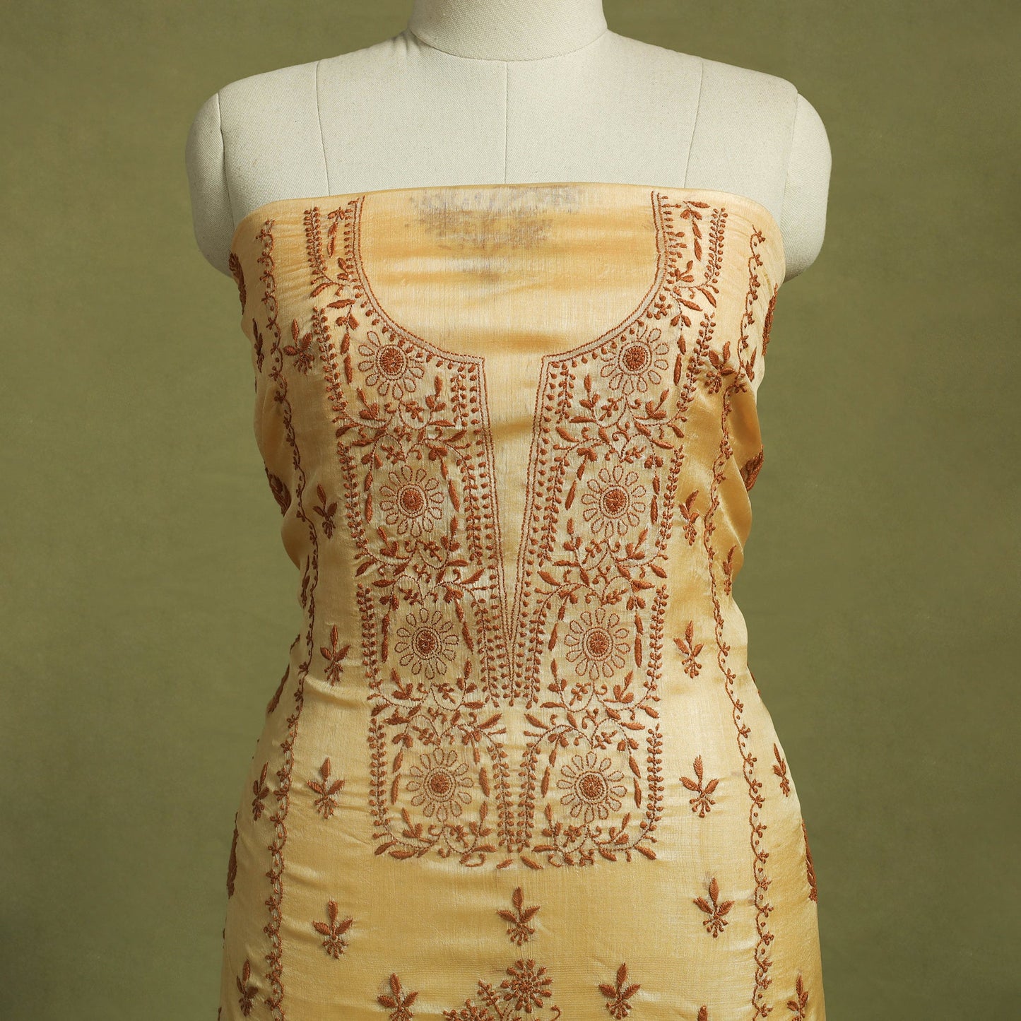 Beige Hand Embroidery Tussar Silk Chikankari Kurta Material