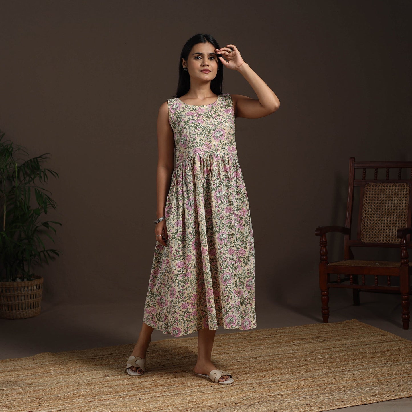 Beige - hand flared sanganeri dress 12 - handcrafted