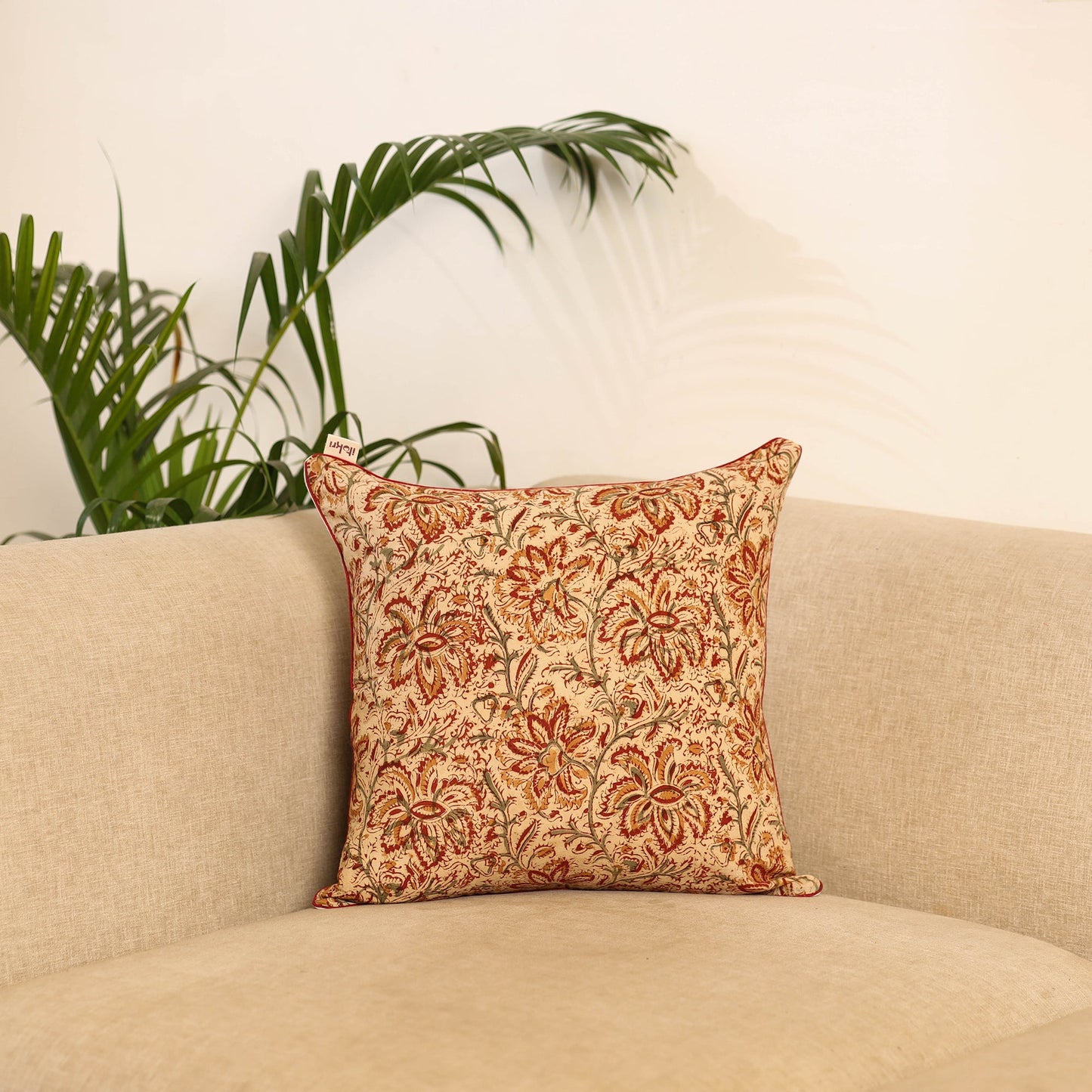 Beige - hand kalamkari cushion cover 23 - handcrafted