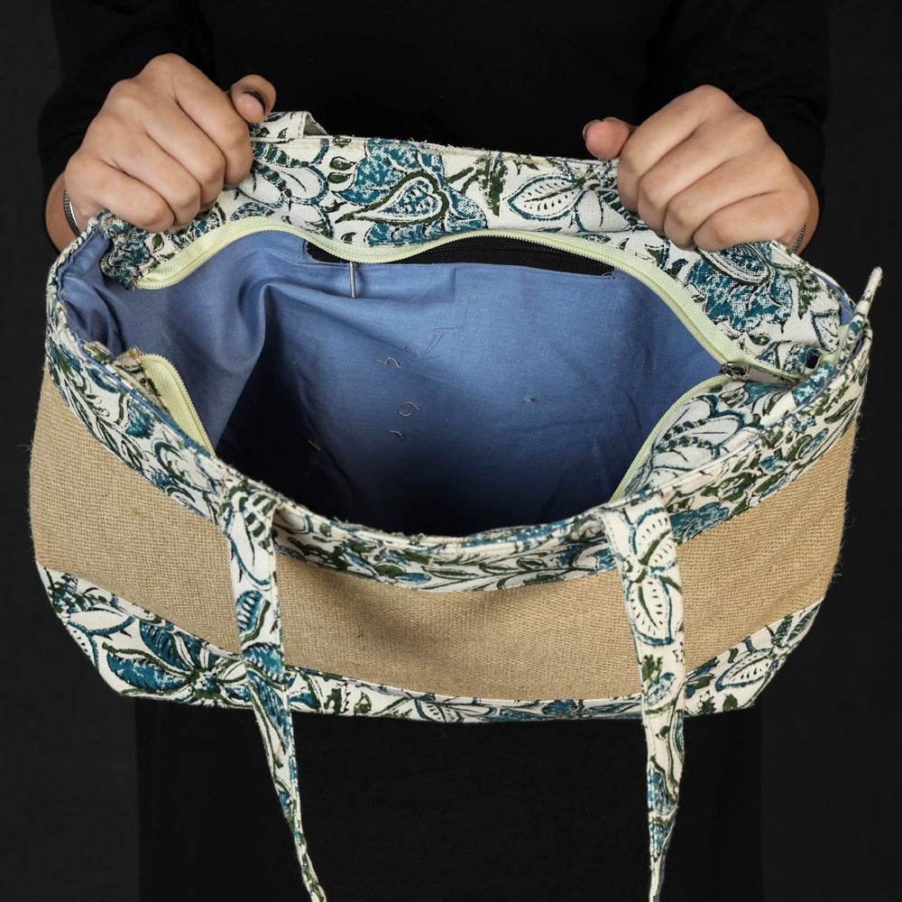 Beige Hand Block Printed Jute Shoulder Bag