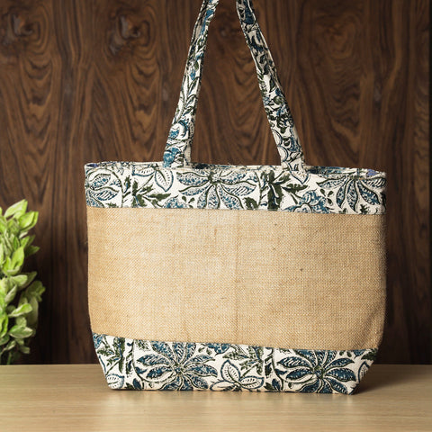 Beige Hand Block Printed Jute Shoulder Bag