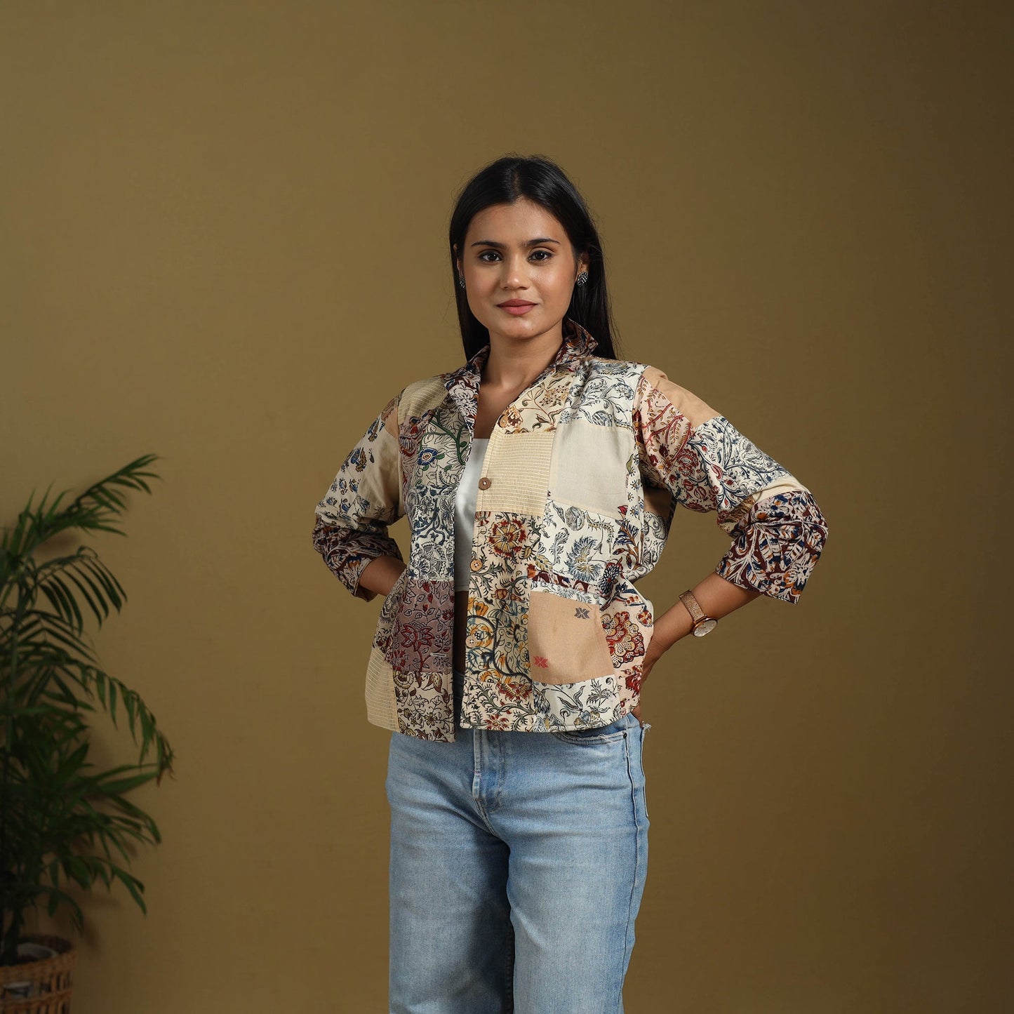 Beige - hand-stitched mosaic cotton women’s jacket 04