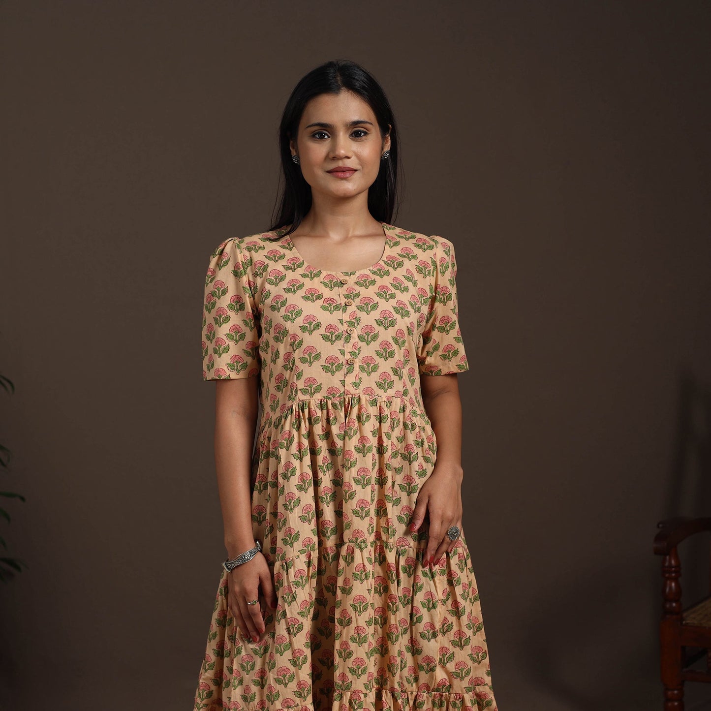 Beige - hand tiered sanganeri dress 04 - handcrafted