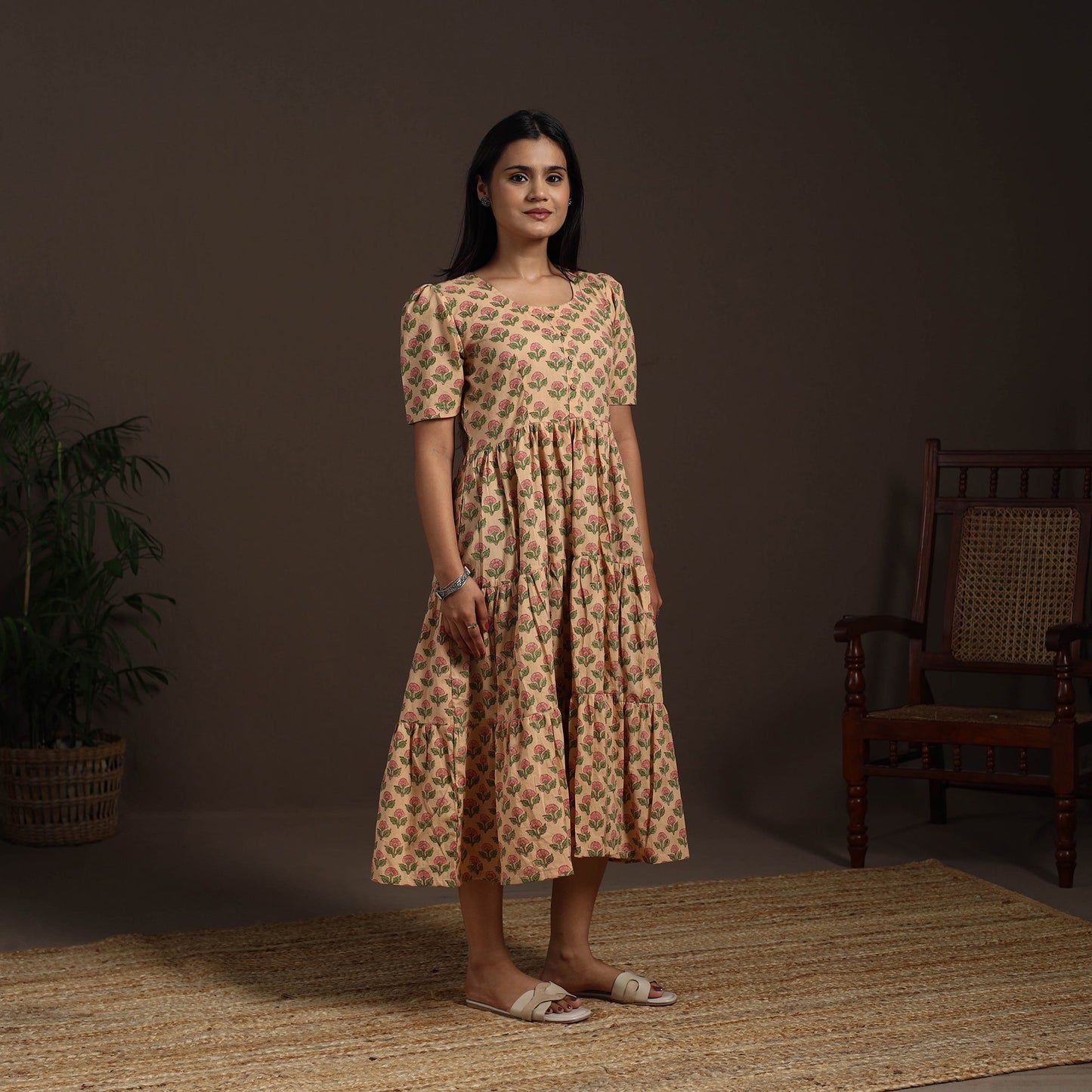 Beige - hand tiered sanganeri dress 04 - handcrafted