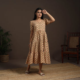 Beige - hand tiered sanganeri dress 04 - handcrafted