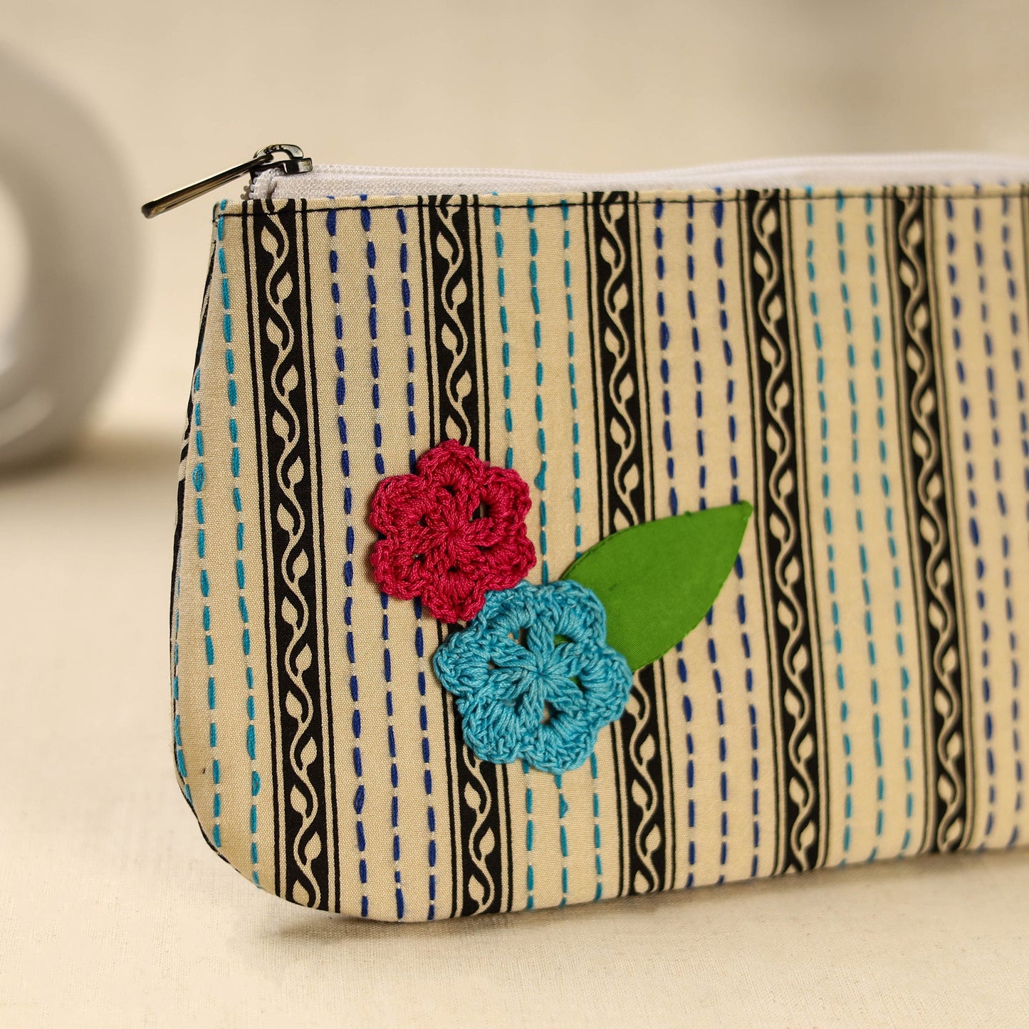 Beige Handcrafted Bengal Kantha Work Multipurpose Pouch