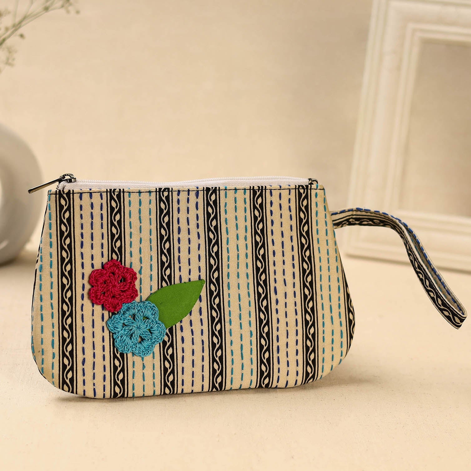 Beige Handcrafted Bengal Kantha Work Multipurpose Pouch