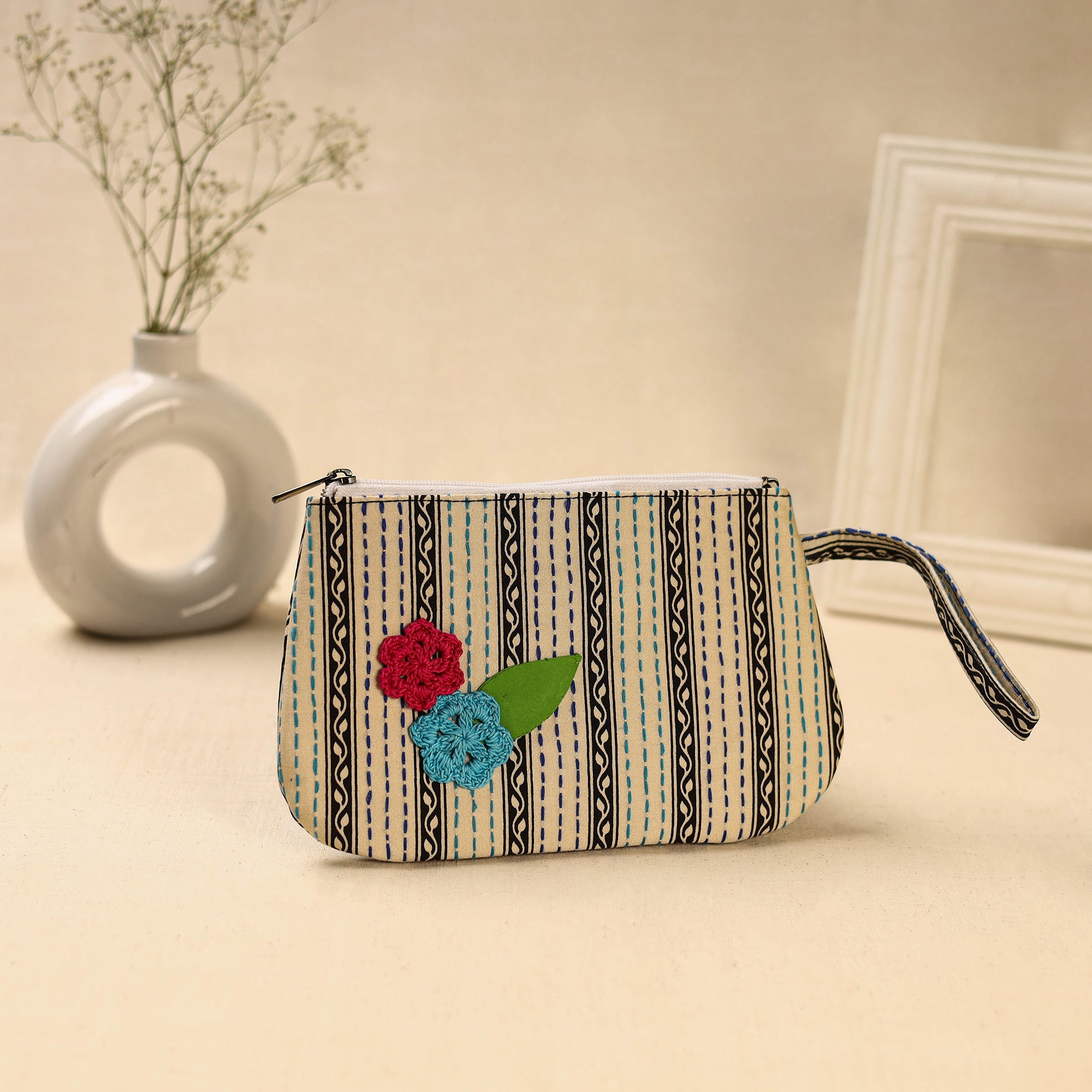 Beige Handcrafted Bengal Kantha Work Multipurpose Pouch