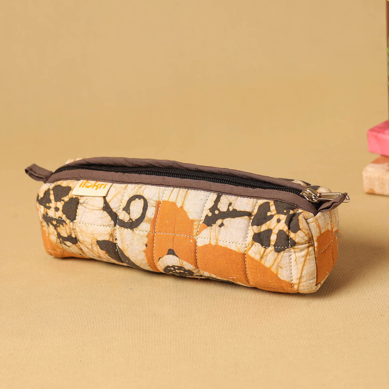 Beige - handcrafted cotton quilted pencil pouch 04