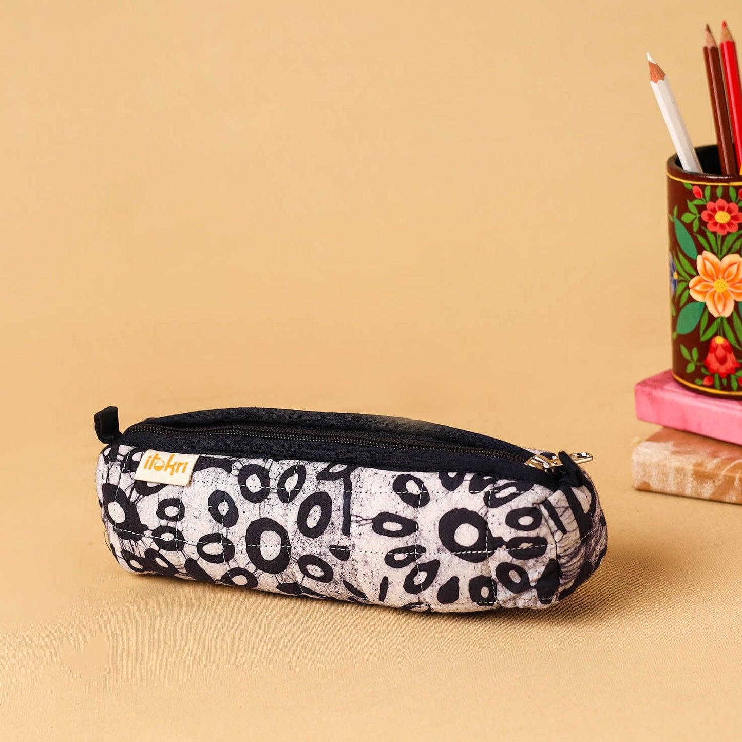 Beige - handcrafted cotton quilted pencil pouch 07