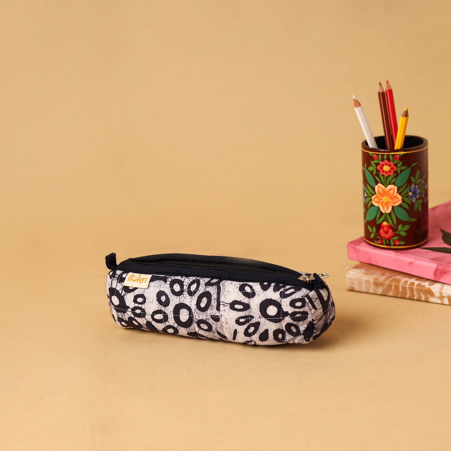 Beige - handcrafted cotton quilted pencil pouch 07