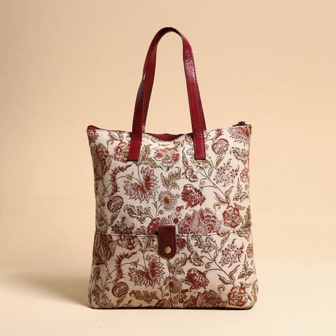 Buy Handcrafted Kalamkari Block Printed Hand Bag with Leather Handle Online at iTokri.com