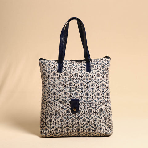 Beige - Handcrafted Kalamkari Block Printed Hand Bag with Leather Handle