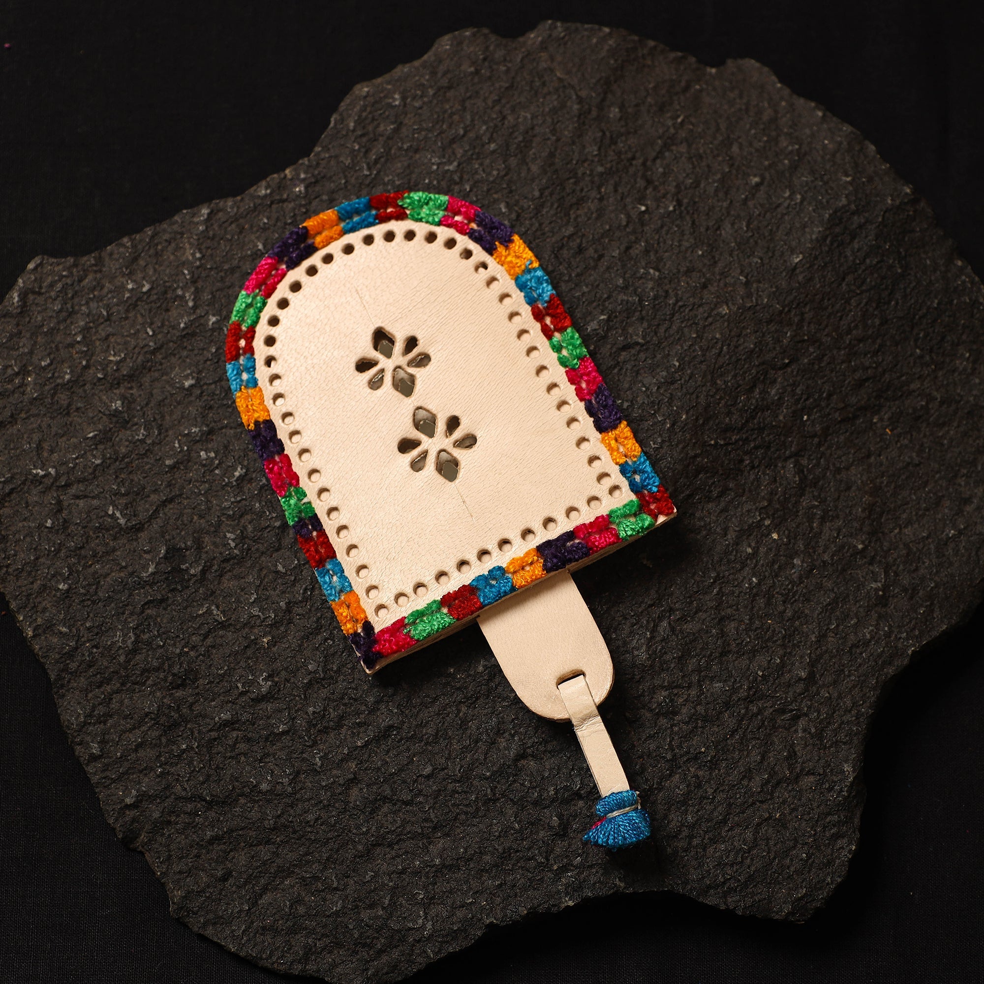 Beige Handcrafted Kutch Cutwork Leather Hand Mirror with Pouch