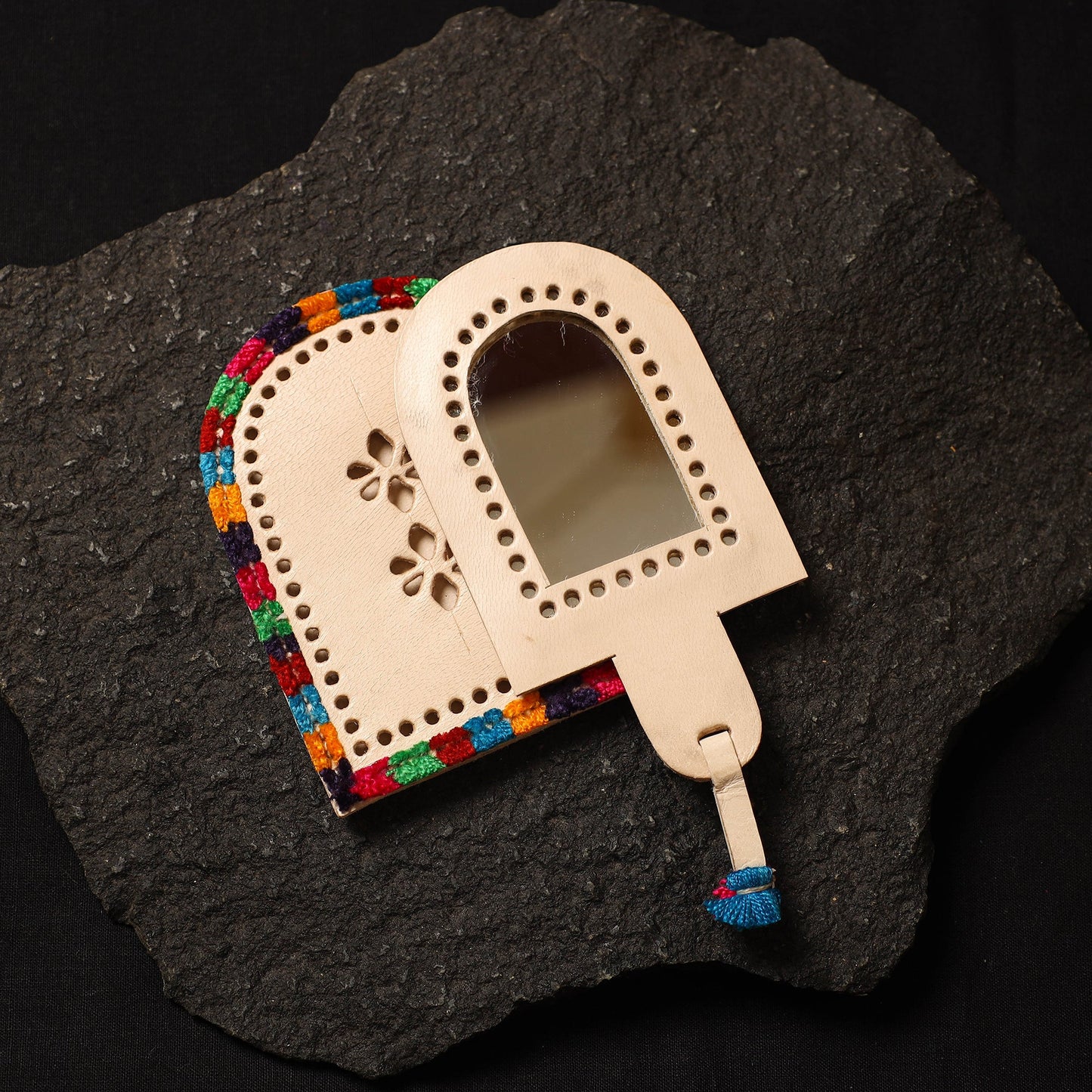 Beige Handcrafted Kutch Cutwork Leather Hand Mirror with Pouch