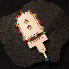 Beige Handcrafted Kutch Cutwork Leather Hand Mirror with Pouch