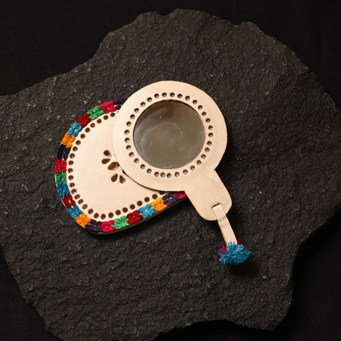 Beige Handcrafted Kutch Cutwork Leather Hand Mirror with Pouch
