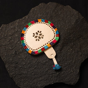 Beige Handcrafted Kutch Cutwork Leather Hand Mirror with Pouch