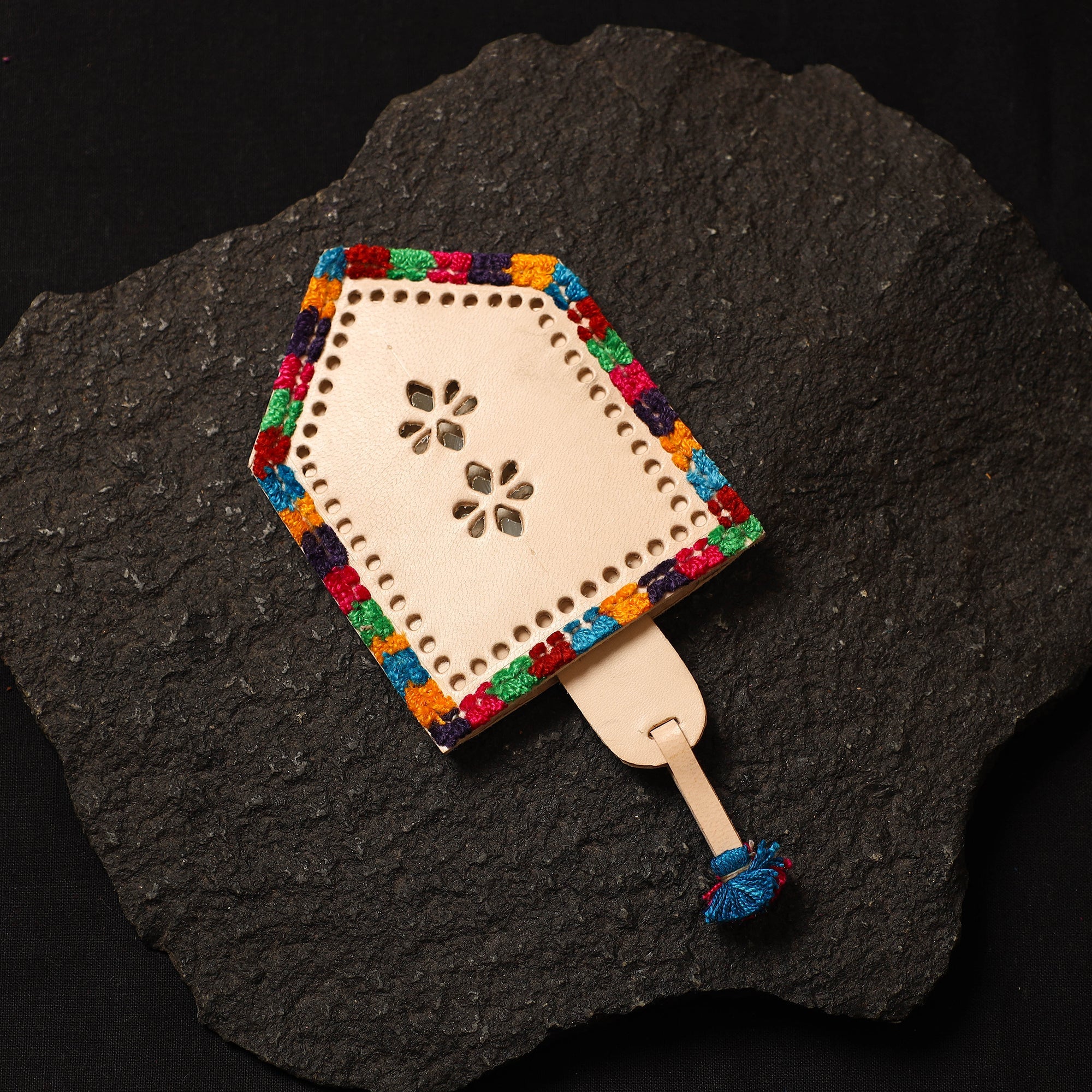 Beige - handcrafted kutch cutwork leather hand mirror