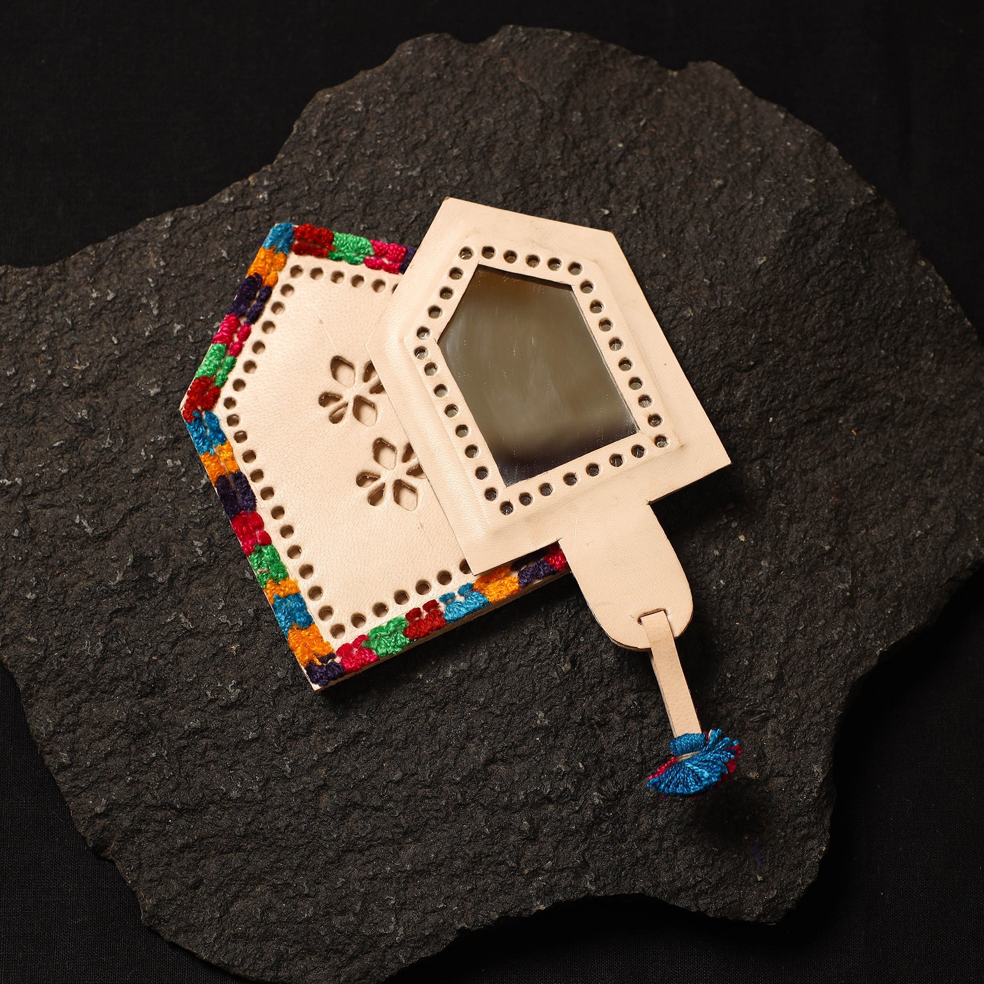 Beige - handcrafted kutch cutwork leather hand mirror