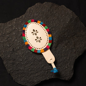 Beige Handcrafted Kutch Cutwork Leather Hand Mirror with Pouch