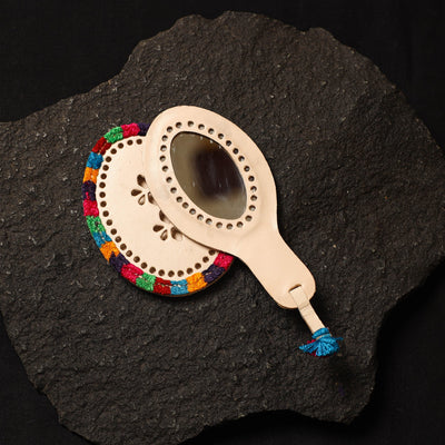 Beige Handcrafted Kutch Cutwork Leather Hand Mirror with Pouch
