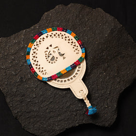 Beige Handcrafted Kutch Cutwork Leather Hand Mirror with Pouch