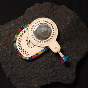Beige Handcrafted Kutch Cutwork Leather Hand Mirror with Pouch