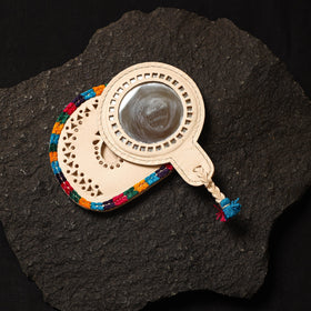 Beige Handcrafted Kutch Cutwork Leather Hand Mirror with Pouch