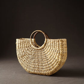 Beige Handcrafted Natural Water Reed Embroidered Hand Bag