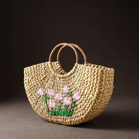 Beige Handcrafted Natural Water Reed Embroidered Hand Bag