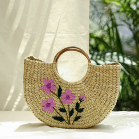 Beige Handcrafted Natural Water Reed Embroidered Hand Bag