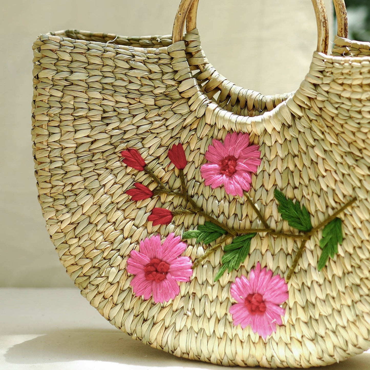Beige Handcrafted Natural Water Reed Embroidered Hand Bag