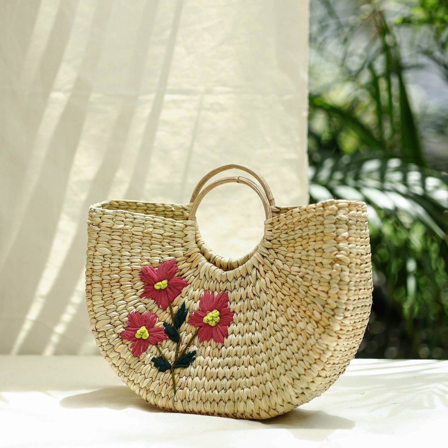 Beige Handcrafted Natural Water Reed Embroidered Hand Bag