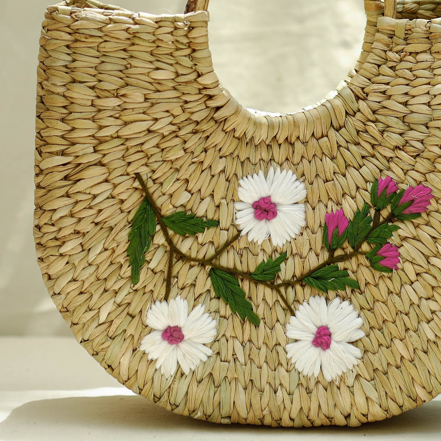 Beige Handcrafted Natural Water Reed Embroidered Hand Bag