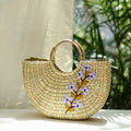 Beige Handcrafted Natural Water Reed Embroidered Hand Bag