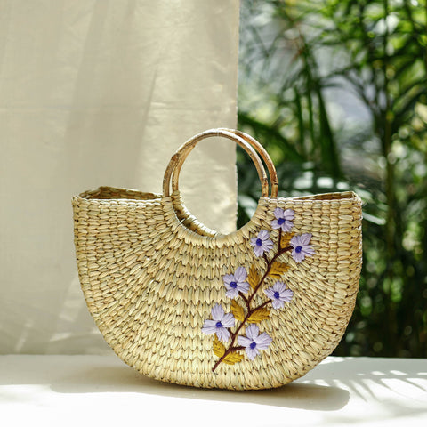 Beige Handcrafted Natural Water Reed Embroidered Hand Bag