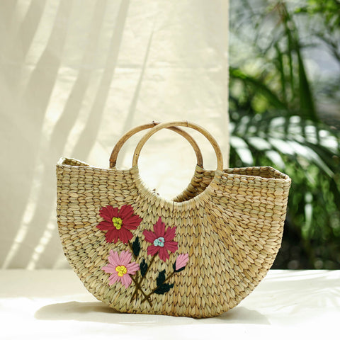 Beige Handcrafted Natural Water Reed Embroidered Hand Bag