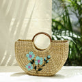 Beige Handcrafted Natural Water Reed Embroidered Hand Bag