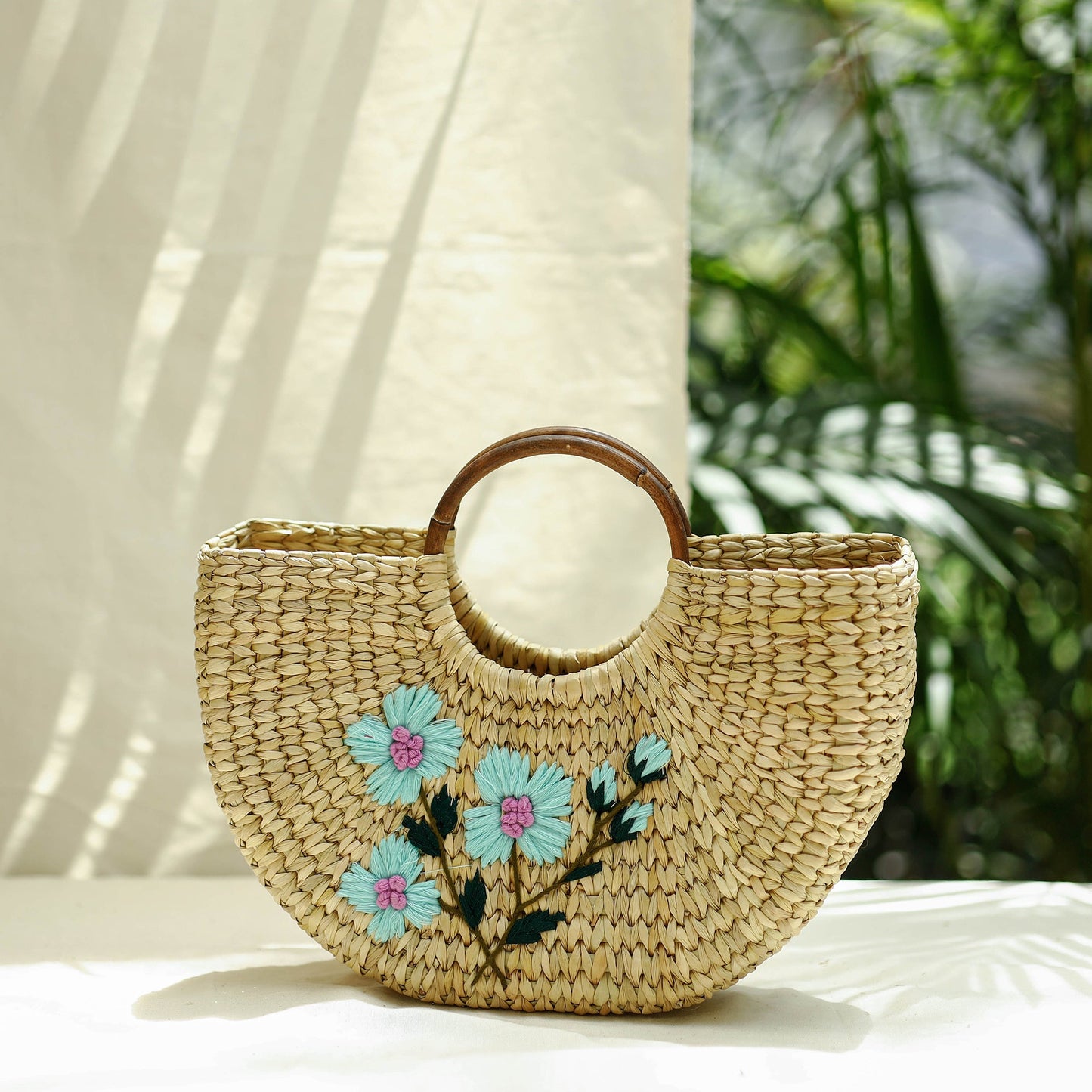 Beige Handcrafted Natural Water Reed Embroidered Hand Bag