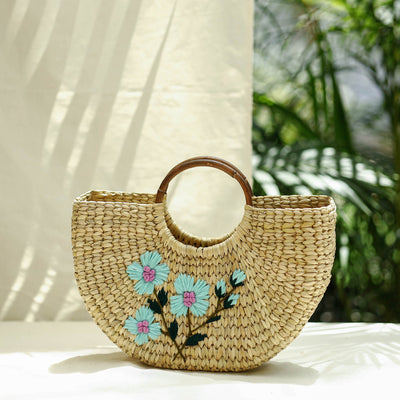 Beige Handcrafted Natural Water Reed Embroidered Hand Bag