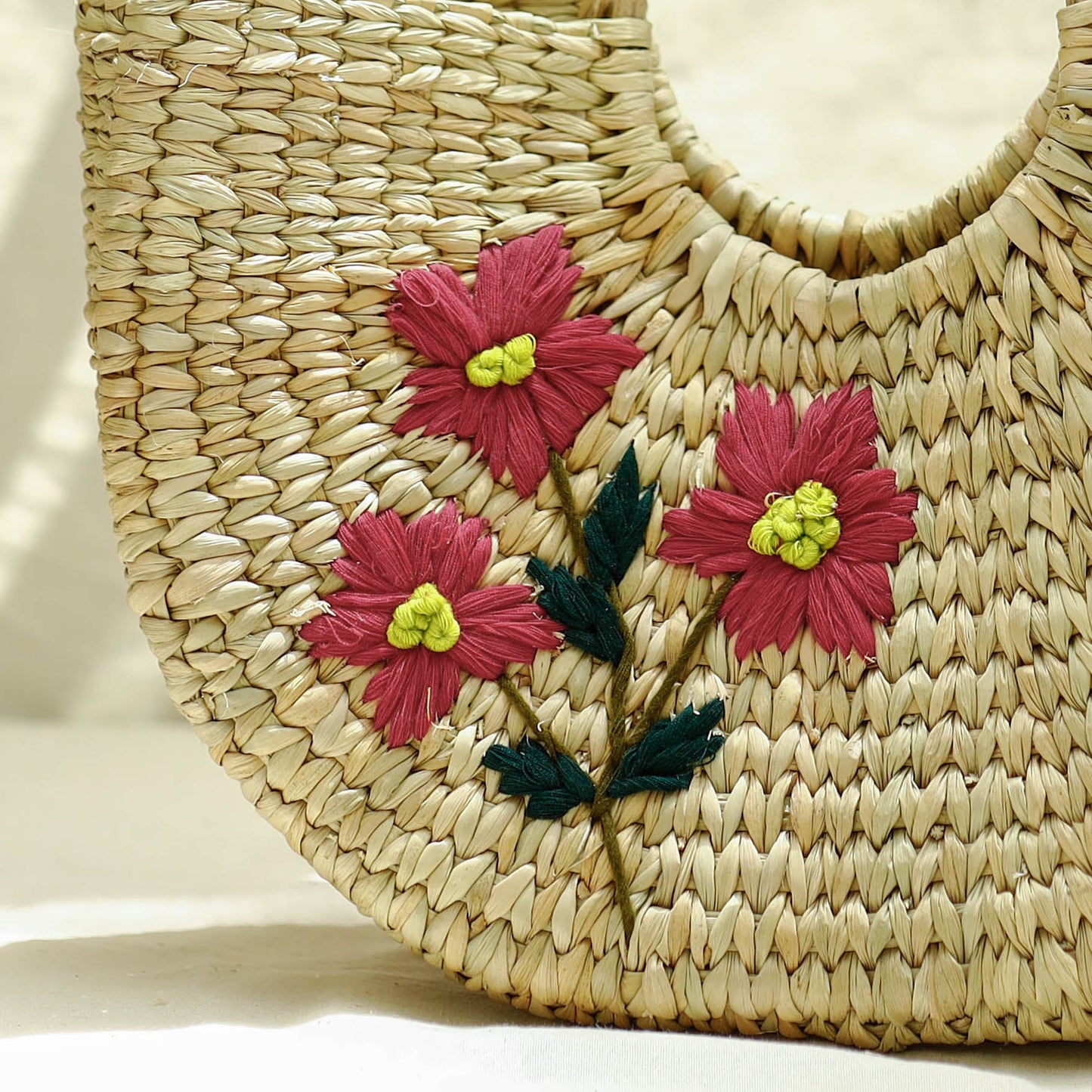 Beige Handcrafted Natural Water Reed Embroidered Hand Bag