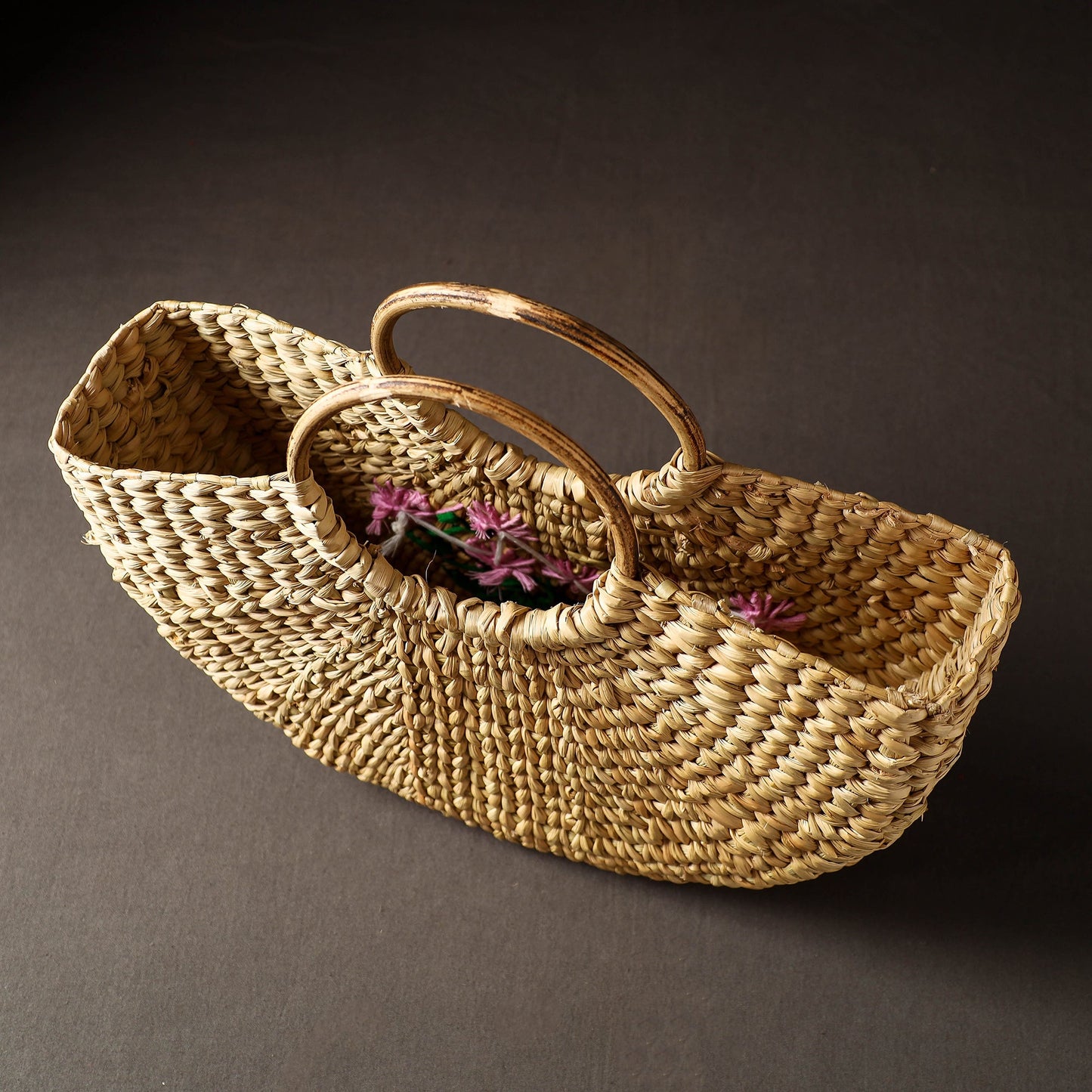 Beige Handcrafted Natural Water Reed Embroidered Hand Bag