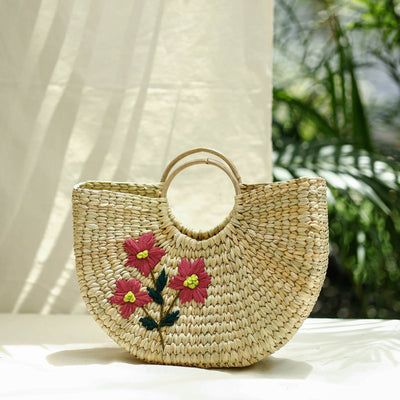 Beige Handcrafted Natural Water Reed Embroidered Hand Bag