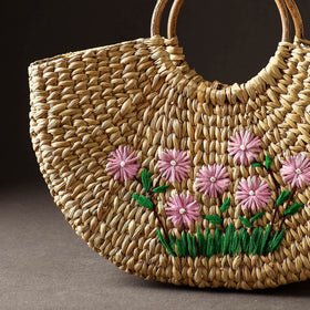 Beige Handcrafted Natural Water Reed Embroidered Hand Bag